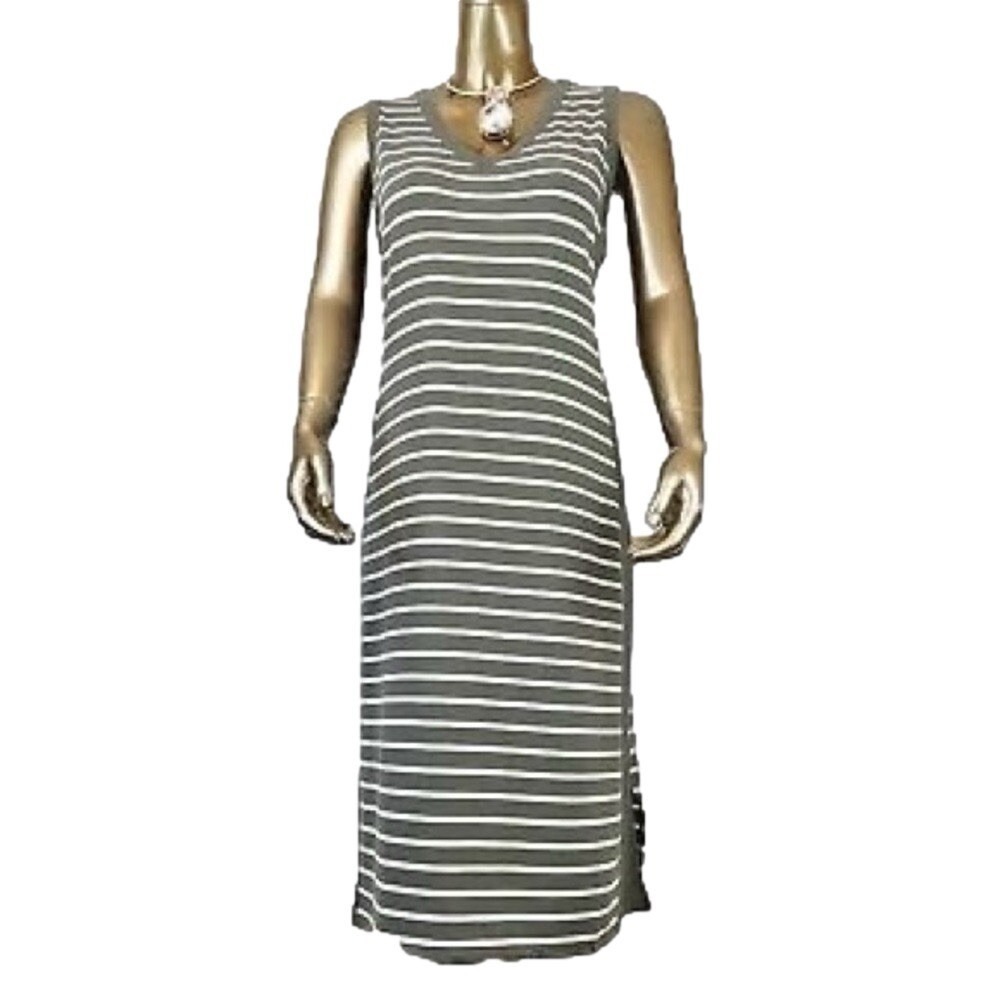 Chicos Zenergy New Size 1 US M 8/10 Olive Stripe Rib Trim Sleeveless Midi Dress